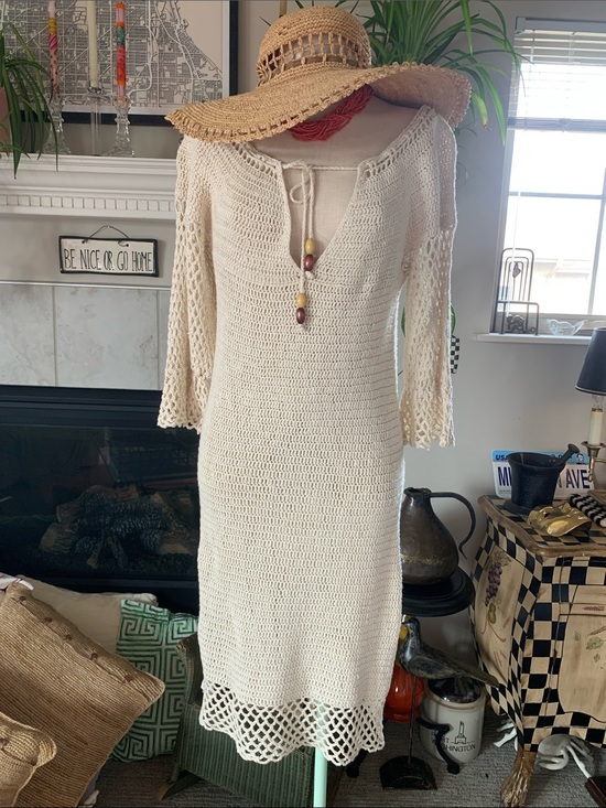 Nicole Miller Collection Dresses & Skirts - Vtg Nicole Miller Collection Linen/Cotton cream crochet beach coverup/dress SzL